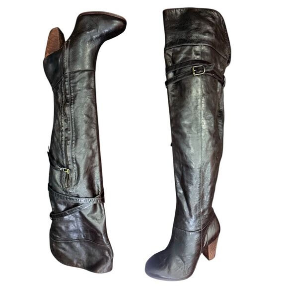 POUR LA VICTOIRE Victorella Dark Brown Leather Over The Knee Boots Shoes Zipper - Picture 1 of 9
